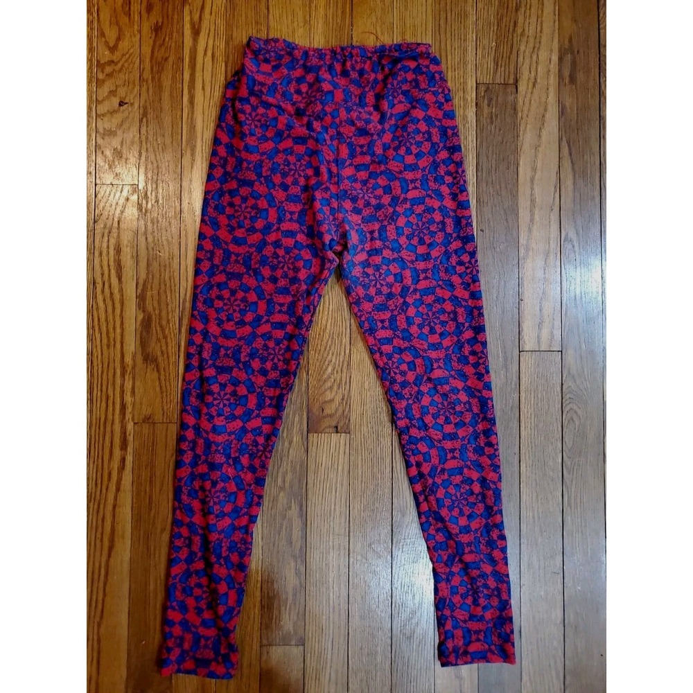 LuLaRoe‎ Red Blue Geometric Mandala Print High Waist Soft Knit Leggings OS